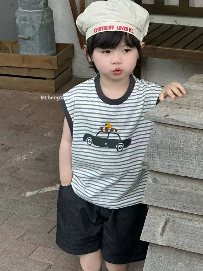 男套头夏季薄款休闲风条纹套装休闲针织印花拼接婴童