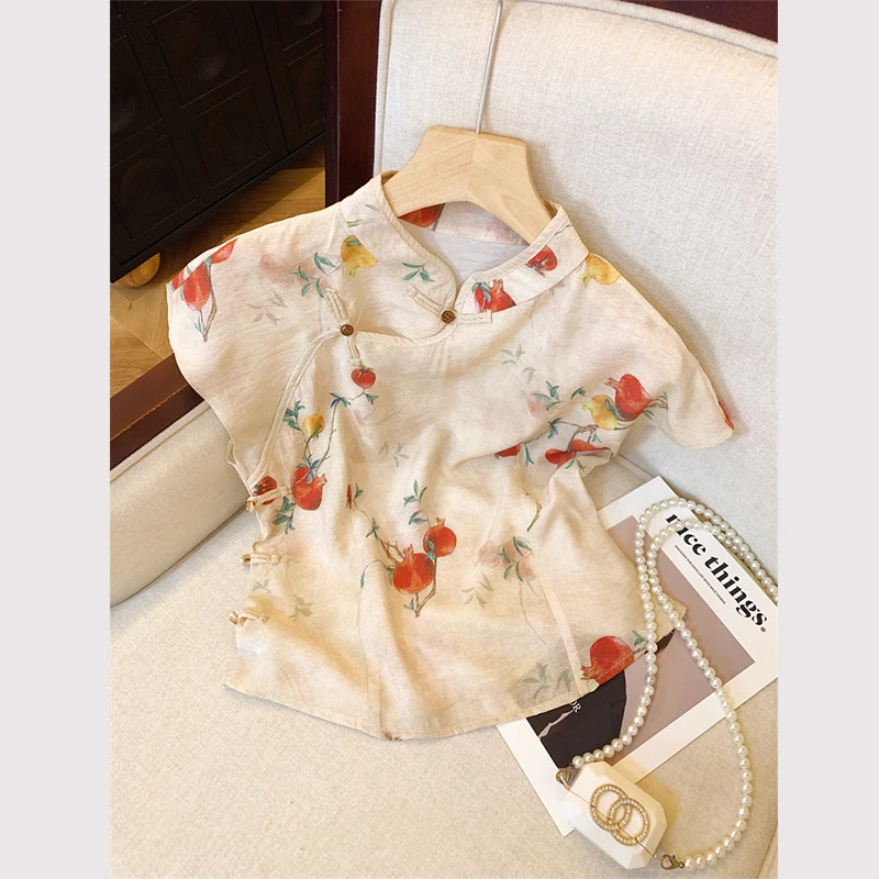 新中式碎花衬衫高级感夏季斜襟盘扣坎肩小衫改良旗袍领女装小上衣