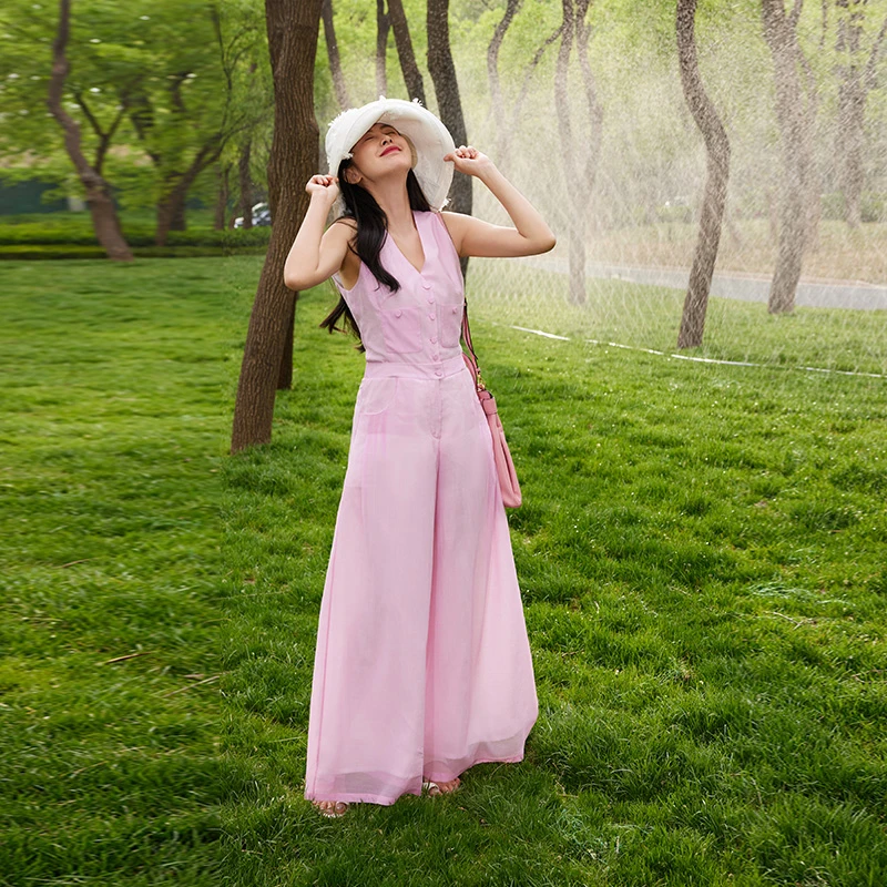 TRACYCHU日本小千谷缩粉色连体裤法式气质休闲慵懒松弛感秋冬上新