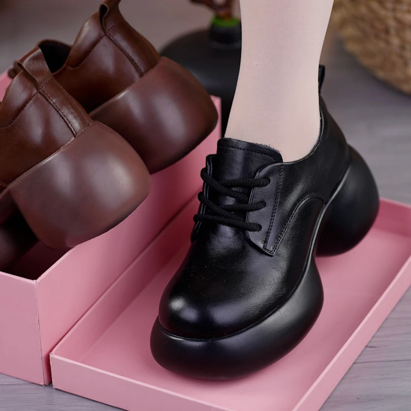 头层牛皮纯色厚款系带厚底增高圆头休闲高跟英伦风女鞋