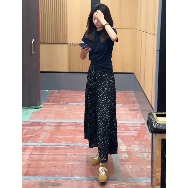 通勤轻熟风减龄穿搭夏季圆领短袖t恤波点半身裙子显瘦两件套装女