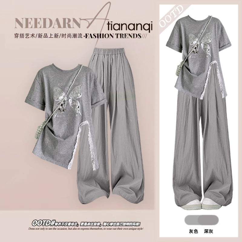 夏季套装女2025新款高级灰亮片蝴蝶开叉T恤运动显瘦阔腿裤两件套