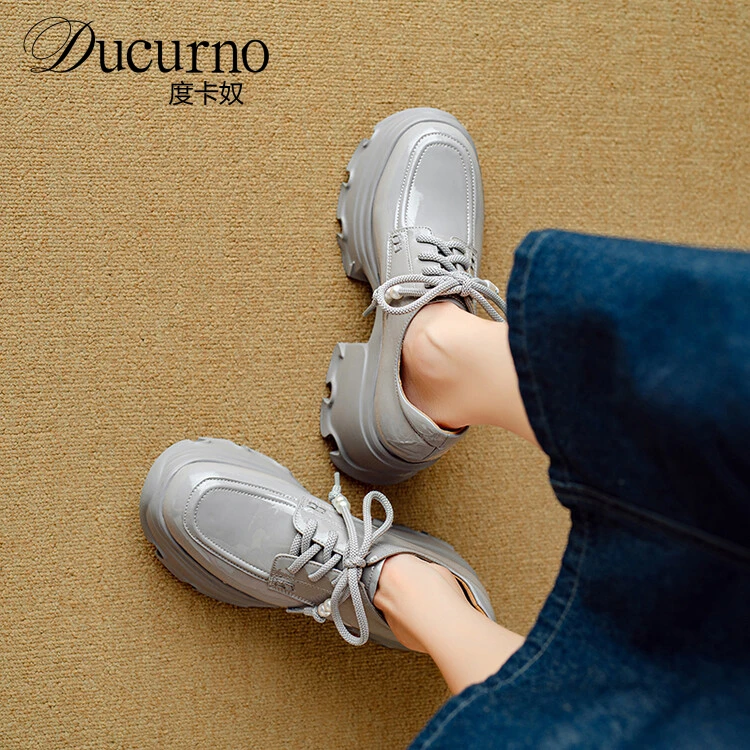 DUCURNO6.5cm牛漆皮增高厚底小皮鞋女小个子显高珍珠系带乐福单鞋