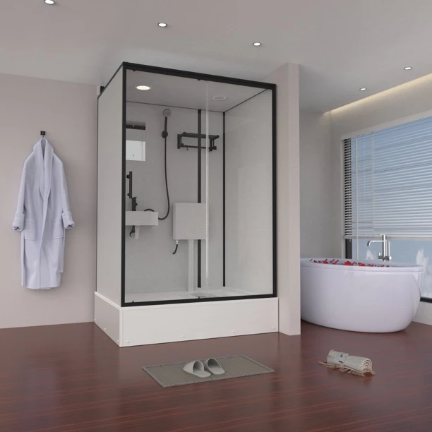 1.4*1.1*2.15黑正/一体式侧开含整套水件含蹲坑整体一体式淋浴房