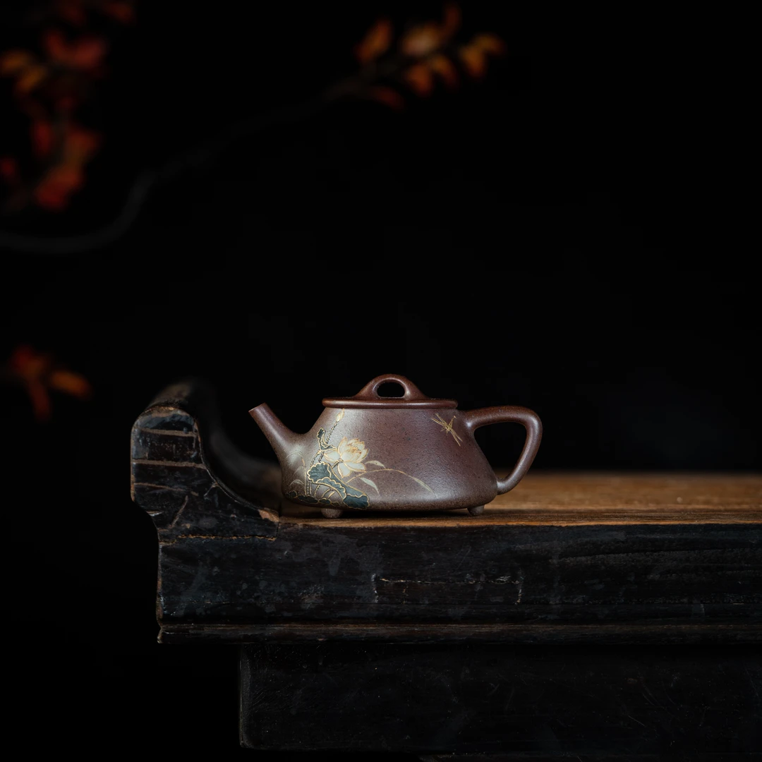 【玉呈窑】荷瓢 周华强制 飚鹏泥绘 青段柴烧 95cc 家用紫砂壶