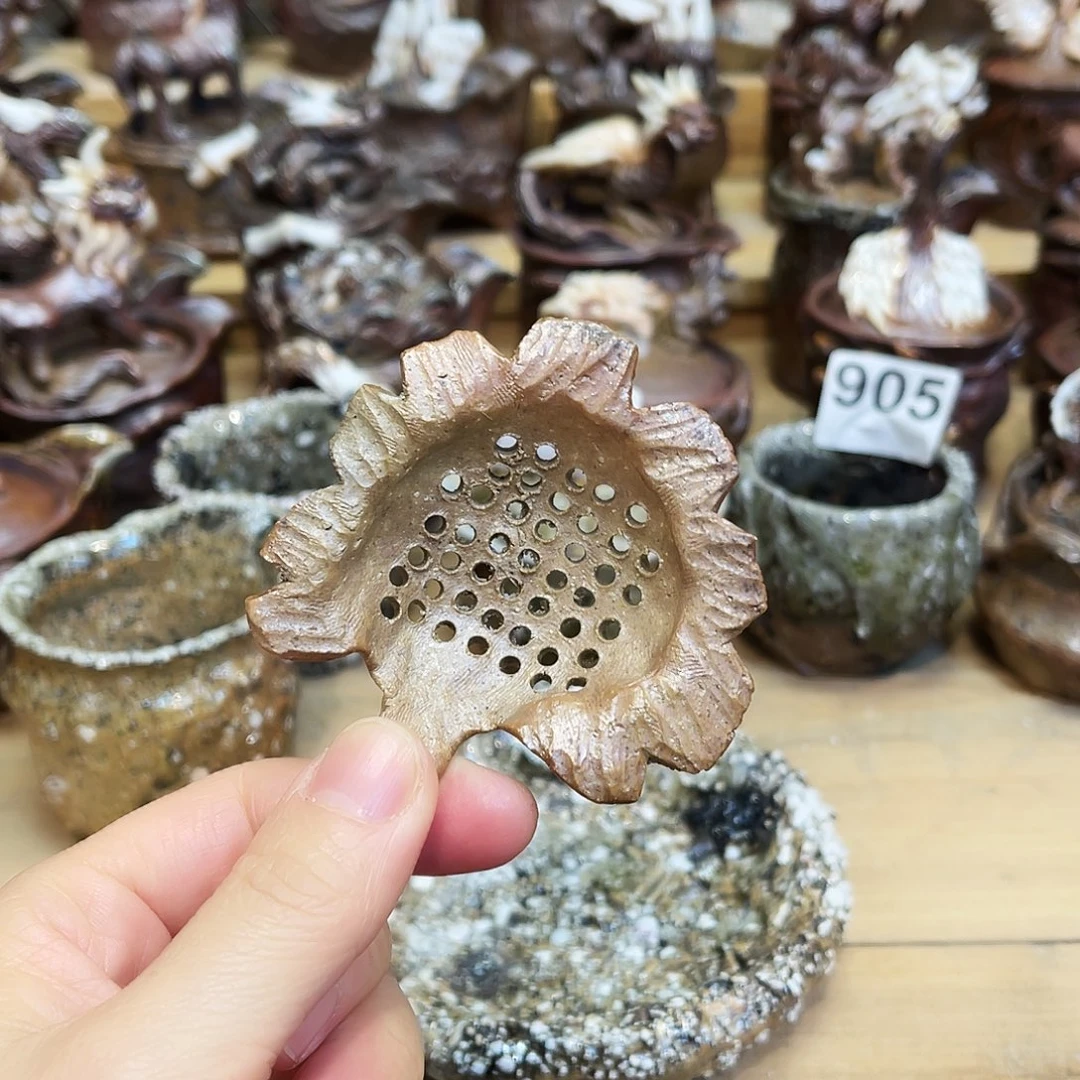 瓶柴烧粗陶手捏茶漏