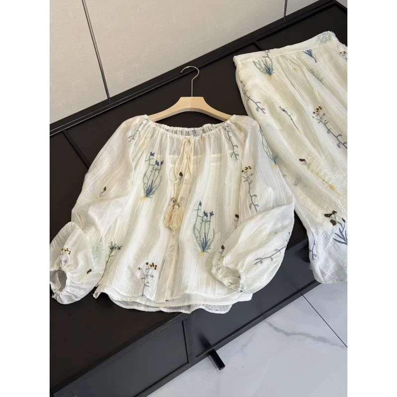 新中式刺绣宽松灯笼袖衬衫高腰半身裙两件套连衣裙女24391