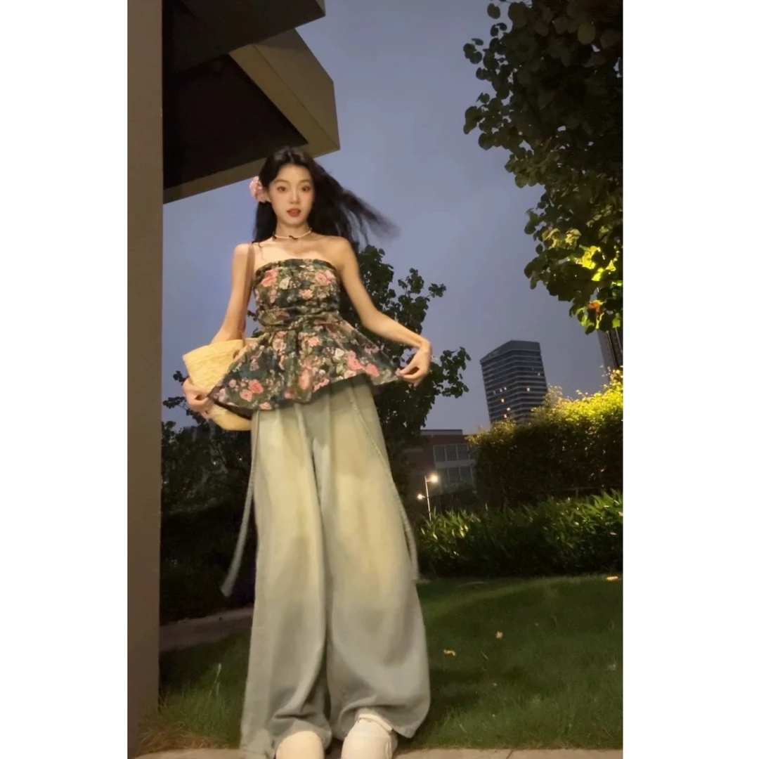 Seven 七分糖复古碎花抹胸连体休闲短裤女装夏收腰中长款上衣