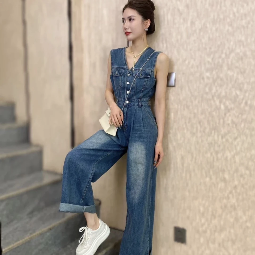 【俊英】2025夏季新款独特好看牛仔连体裤女复古宽松休闲阔腿连衣裤