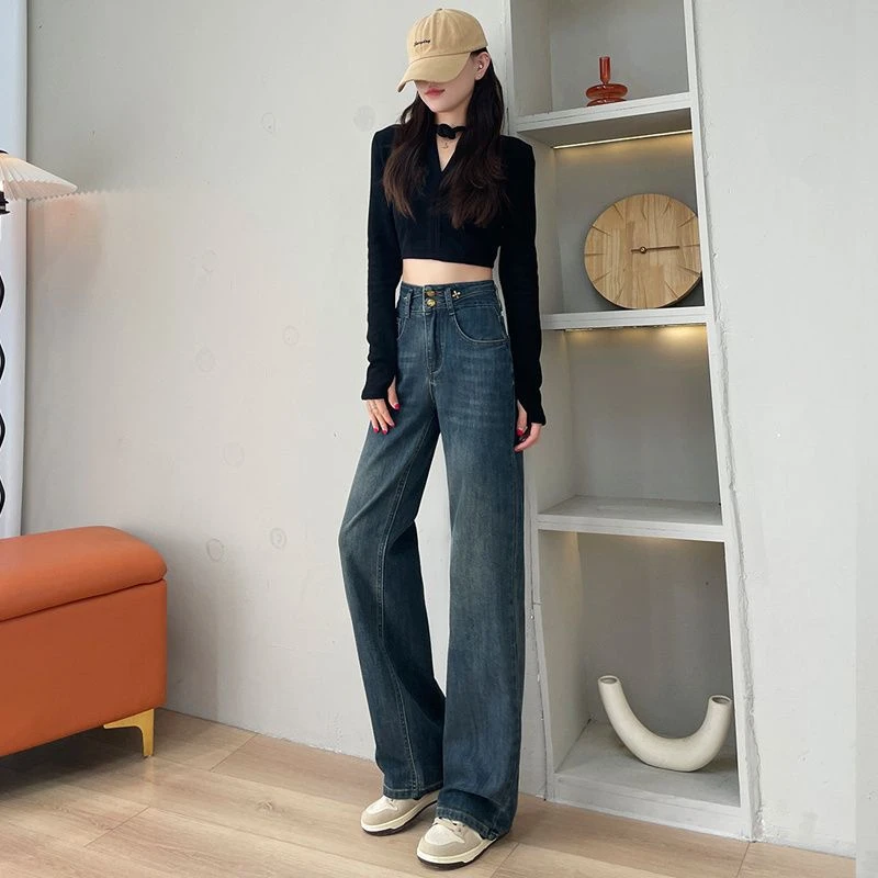 复古直筒牛仔裤女春秋2025年新款小个子高腰拖地显瘦宽松阔腿弹力