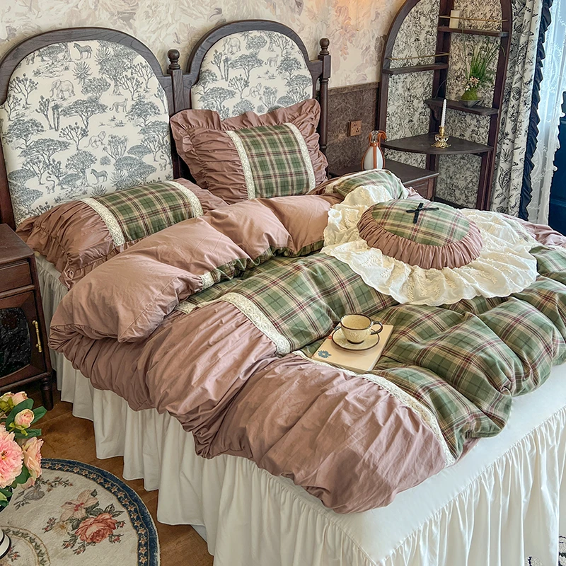 法式复古风格子全棉少女心床裙款四件套纯棉蕾丝花边被套床上用品