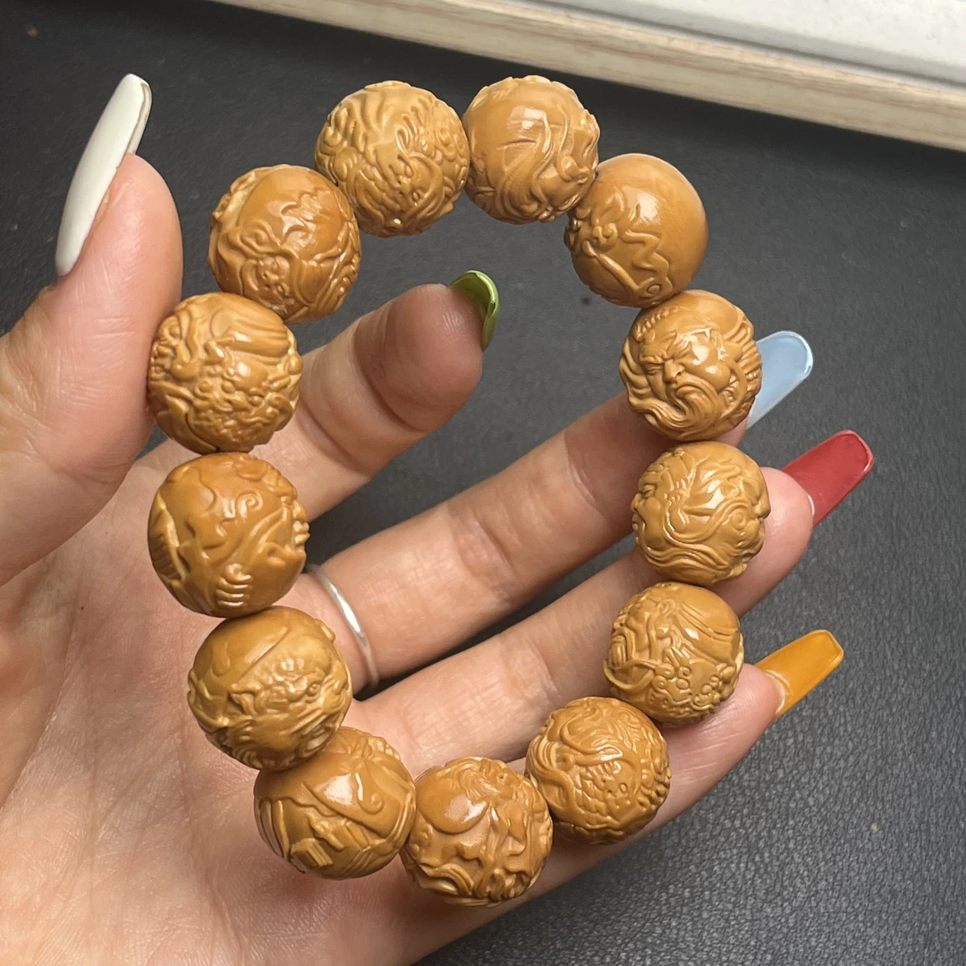 短圆瑞兽关公水晶核橄榄核雕手串吊坠文玩