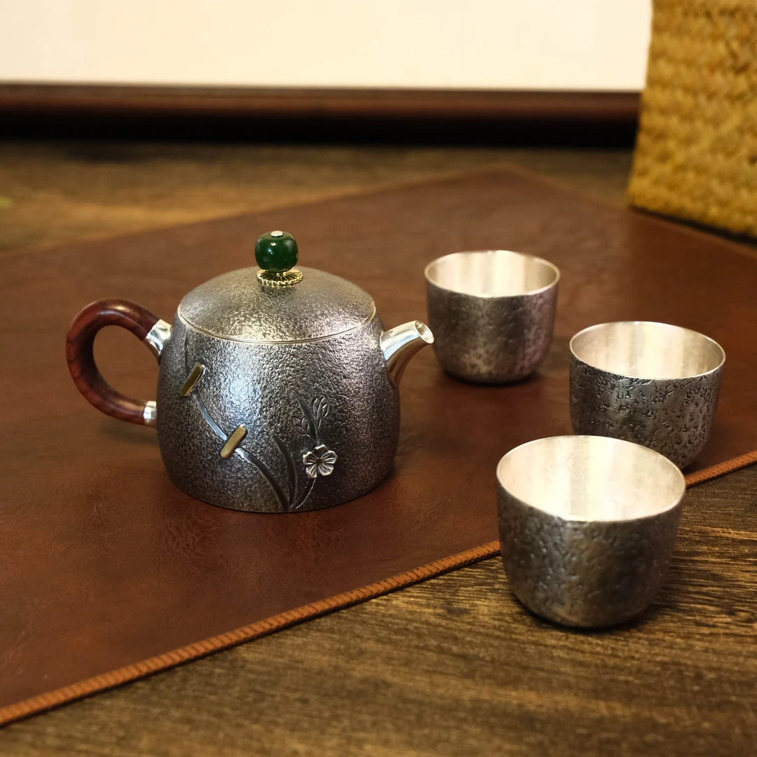 壶尔摩斯《兰香》套组 一壶三杯 手工足银999茶壶 便携银器
