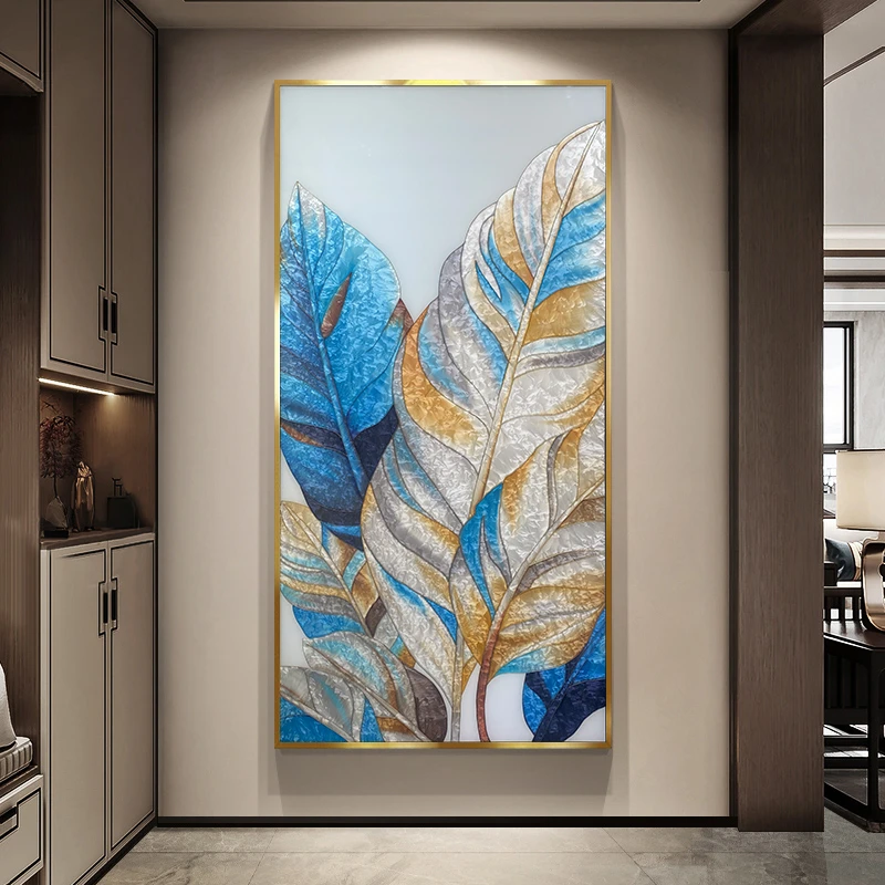 大业有成手绘珐琅彩装饰画现代简约轻奢玄关挂画客厅背景墙叶子画