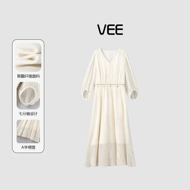 VEE【琉光花园】夏气质时尚绣花珠片七分袖V领收腰连衣裙