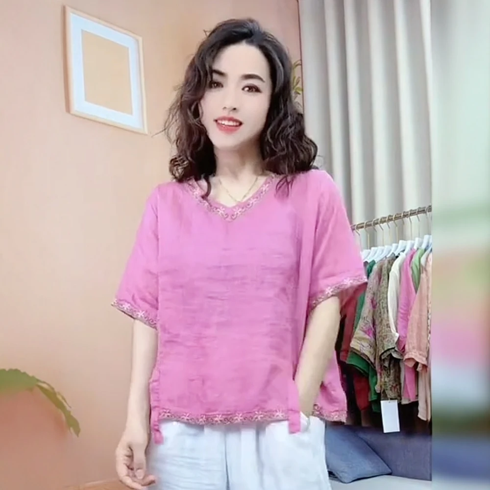 V领苎麻衬衫夏季休闲百搭2025年Q新款显瘦不规则上衣宽松大码薄款