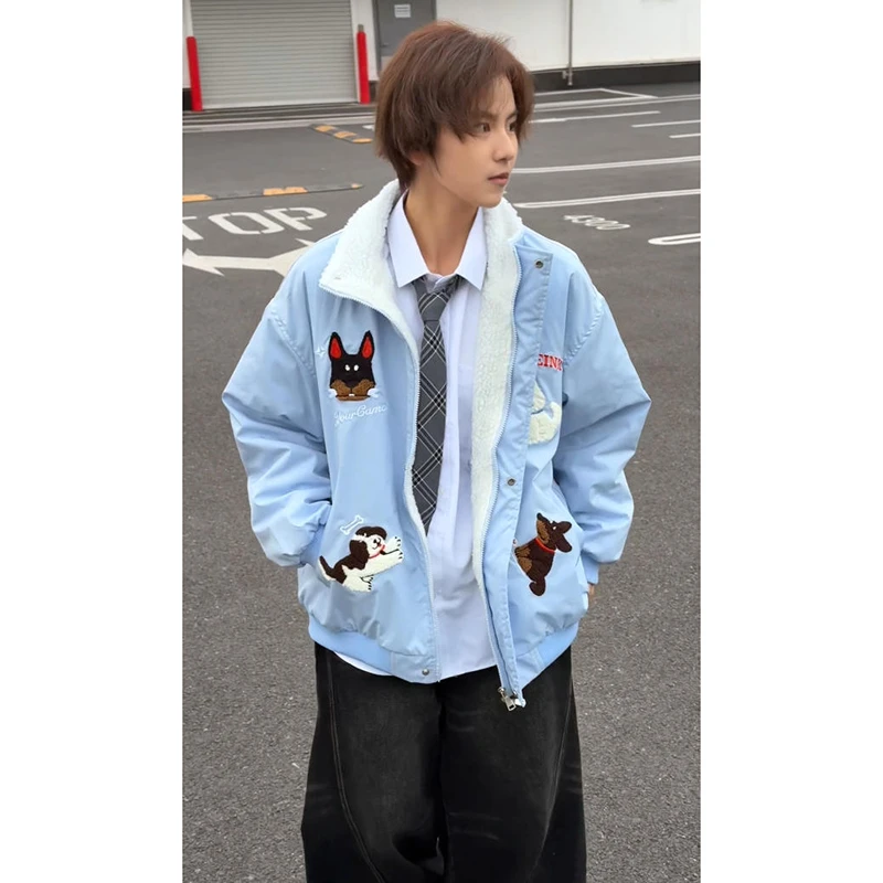 卡通毛巾绣羊羔毛加绒加厚棉服男款冬季保暖美式潮牌翻领情侣外套