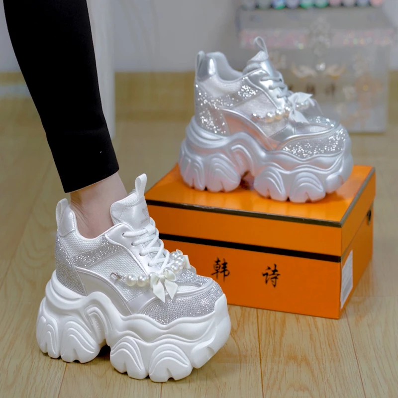 10cm小个子水钻串珠厚底老爹鞋女2025春季新款透气百搭增高休闲鞋