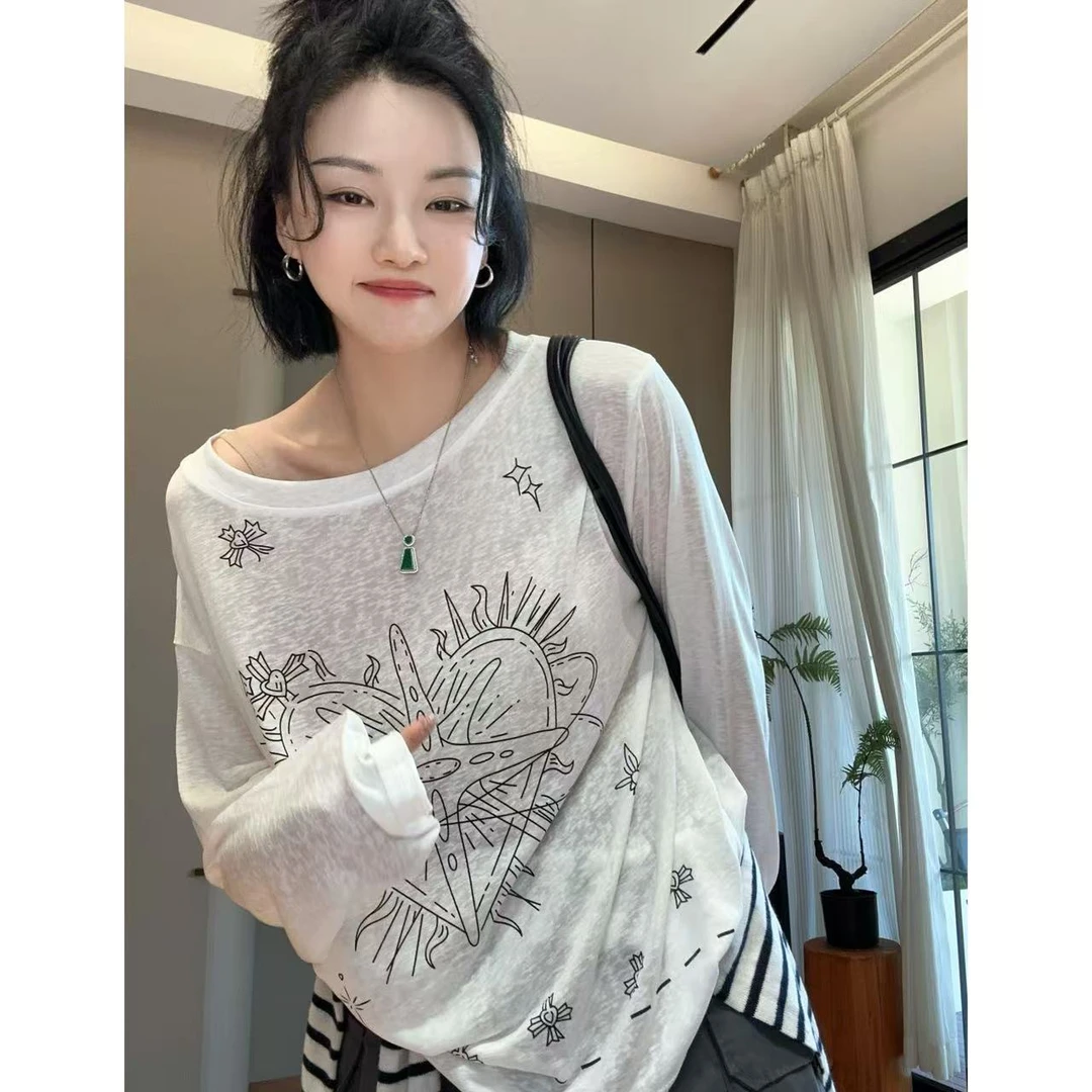 夏季线条爱心八角星手绘防晒长袖T恤5-7-2