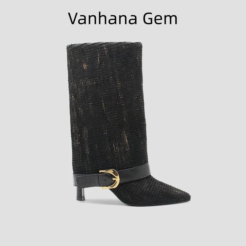 VANHANA GEM2025新款真皮尖头方跟真皮欧货潮酷拉链时装女靴
