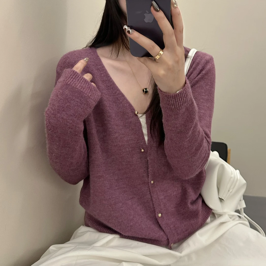长袖针织女宽松薄款V领毛针织衫时尚秋冬显瘦洋气