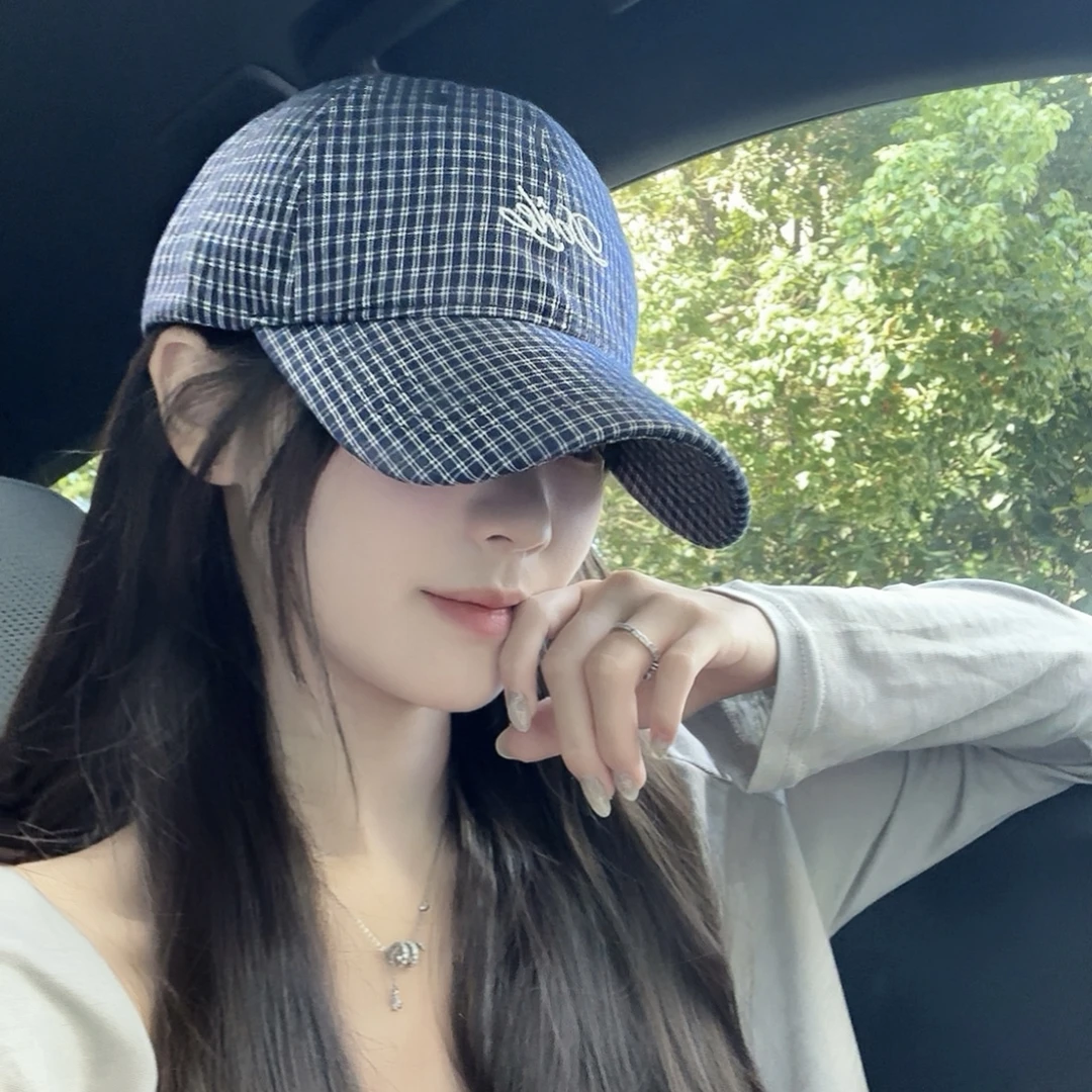 韩系复古小众蓝色格纹棒球帽女春夏新款大脸显小百搭软顶鸭舌帽子