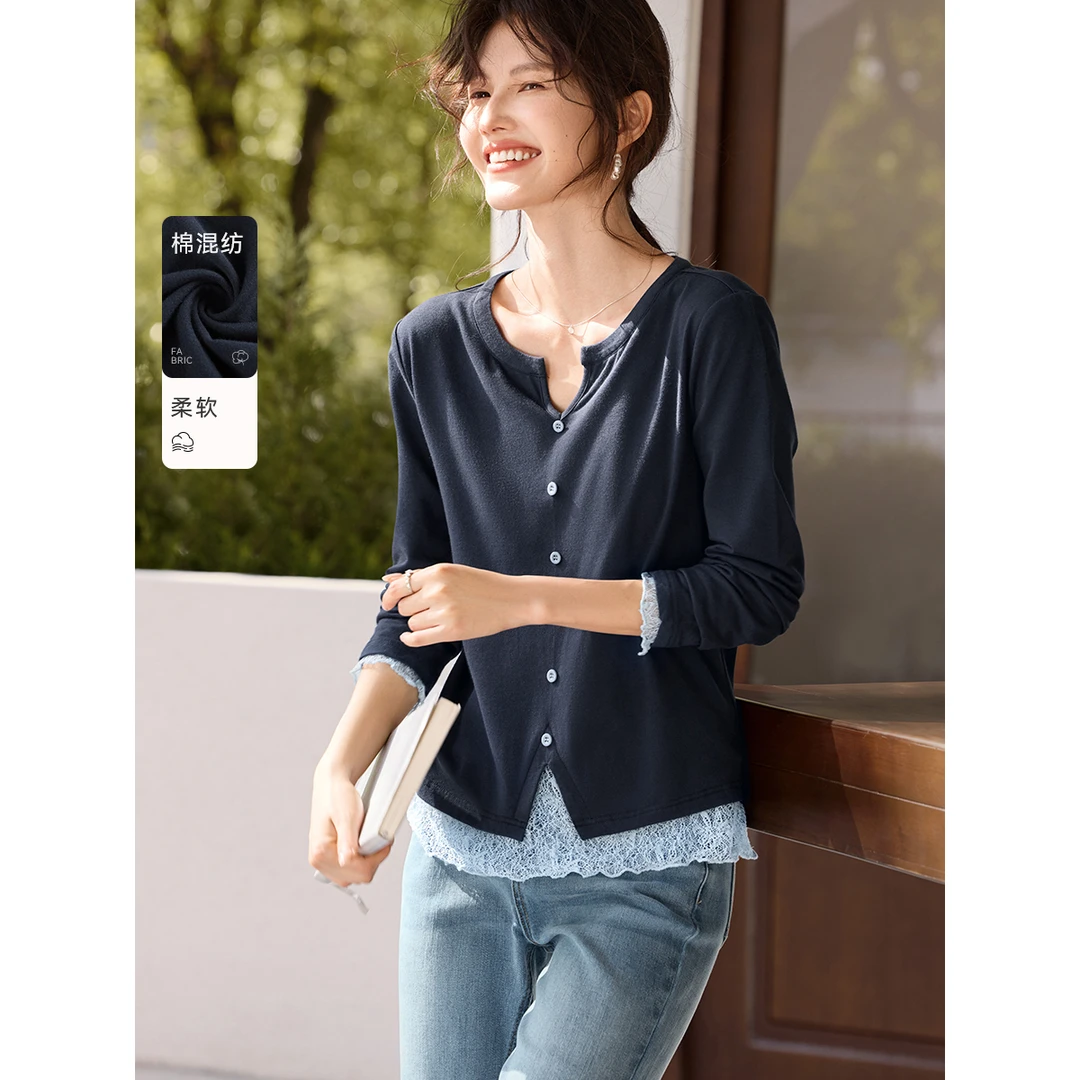 XWI/欣未韩系显瘦2025秋季V领撞色蕾丝修身内搭针织上衣T恤