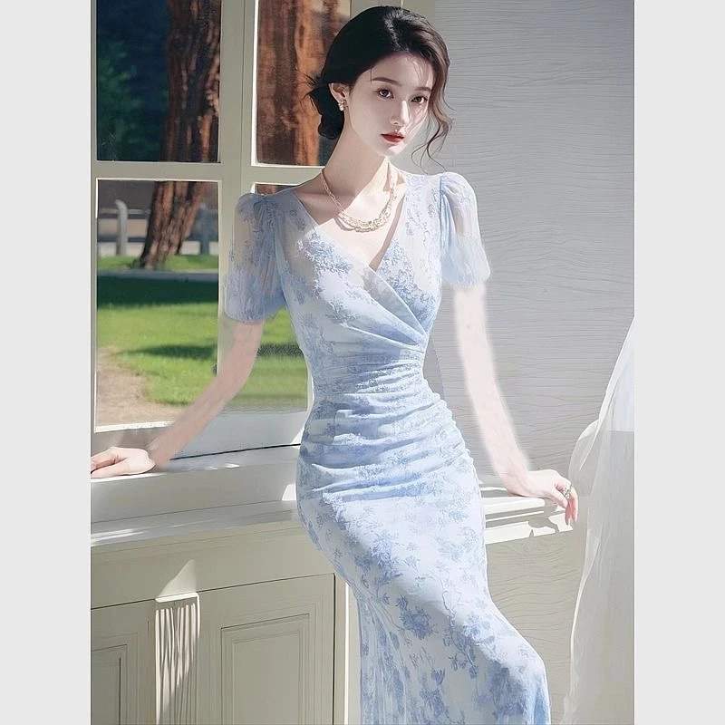 连衣裙高腰法式不褪色夏季显瘦可爱风长裙浅蓝色短袖连衣裙