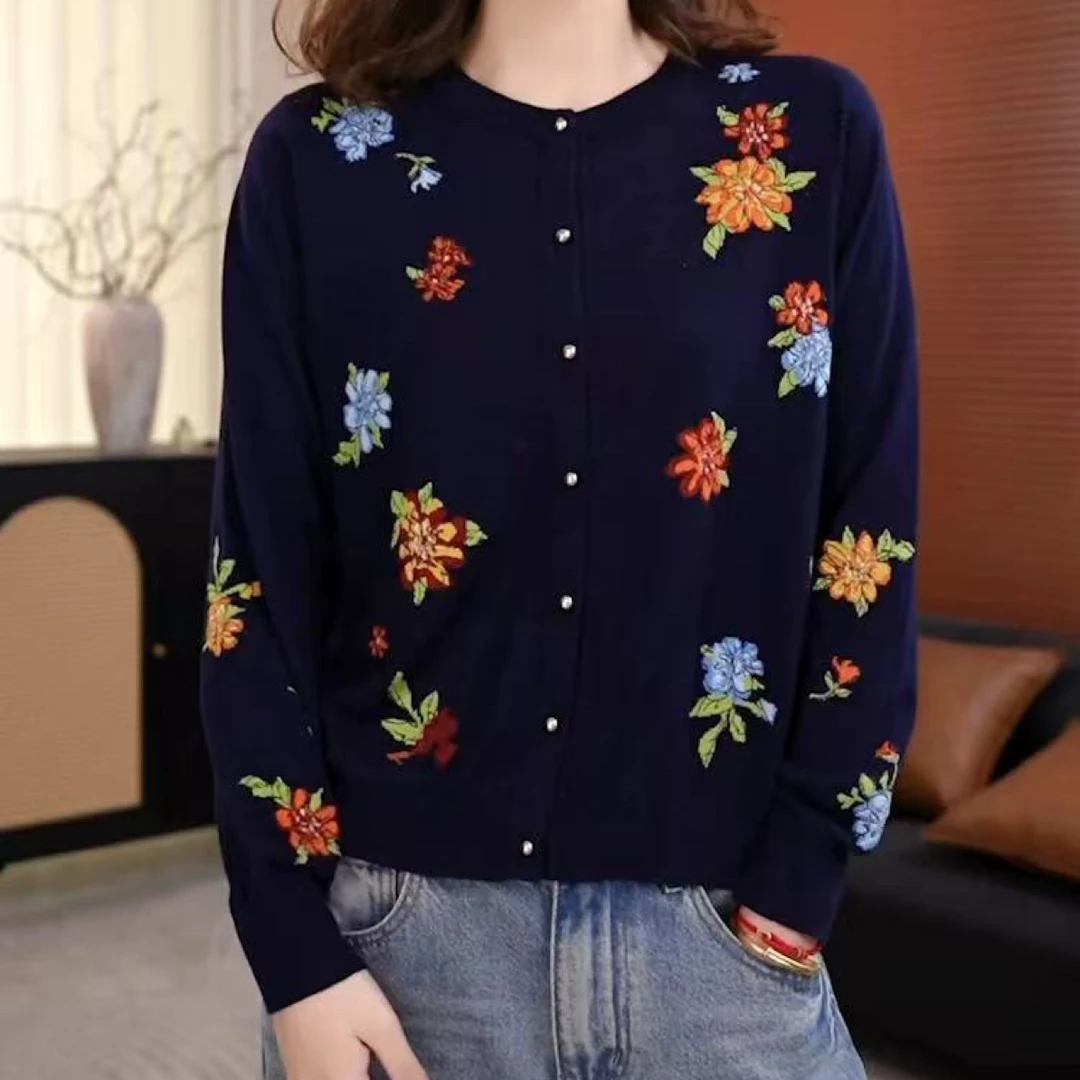 重工花朵刺绣圆领长袖针织衫女2025秋冬季百搭单排扣开衫上衣4341