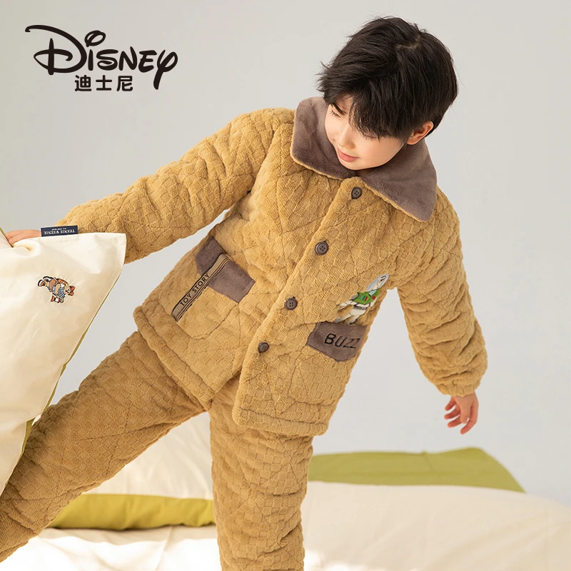 Disney/迪士尼男童睡衣冬款三层夹棉翻领卡通加厚家居服套装2493