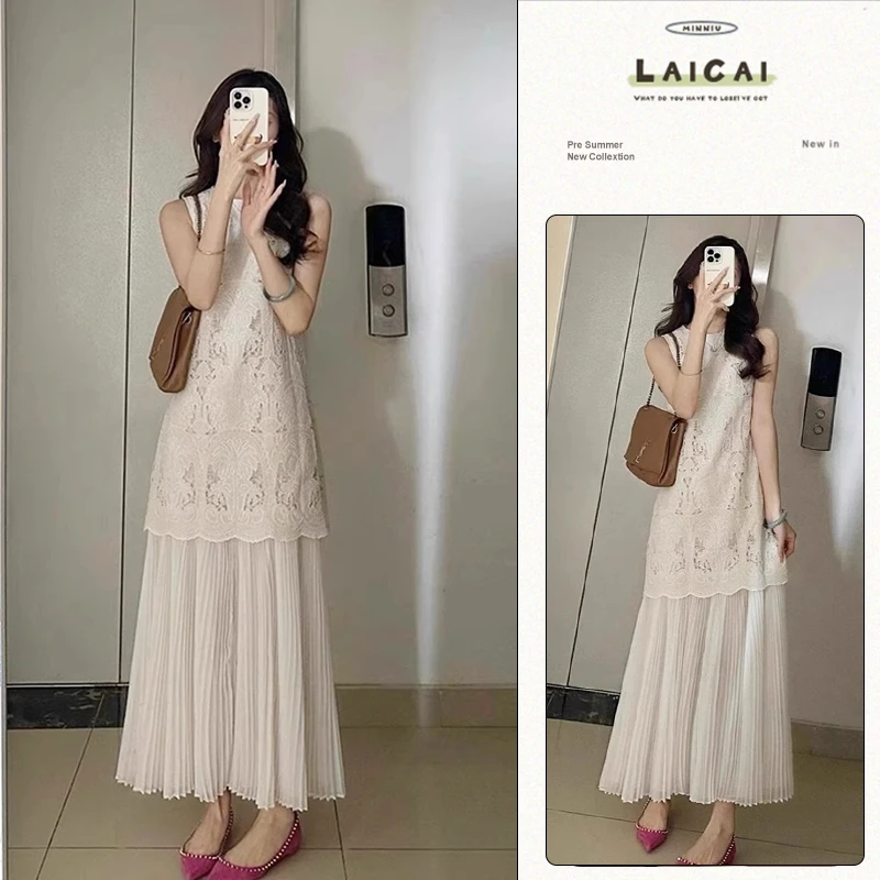A306波禧风钩花显瘦裙子2025夏季复古时尚宽松遮肉镂空压褶连衣裙