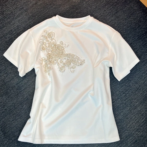 【FEIYA】2025夏新款重工钉珠白色圆领短袖T恤设计感气质通勤显瘦