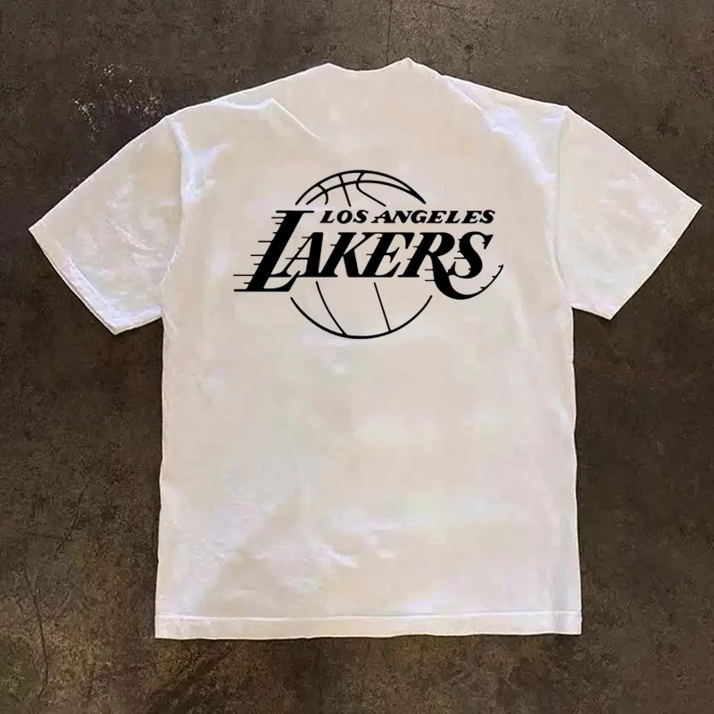 海外订单尾货~剪标撤回外贸美式复古湖人队loggo印花短袖T恤男女