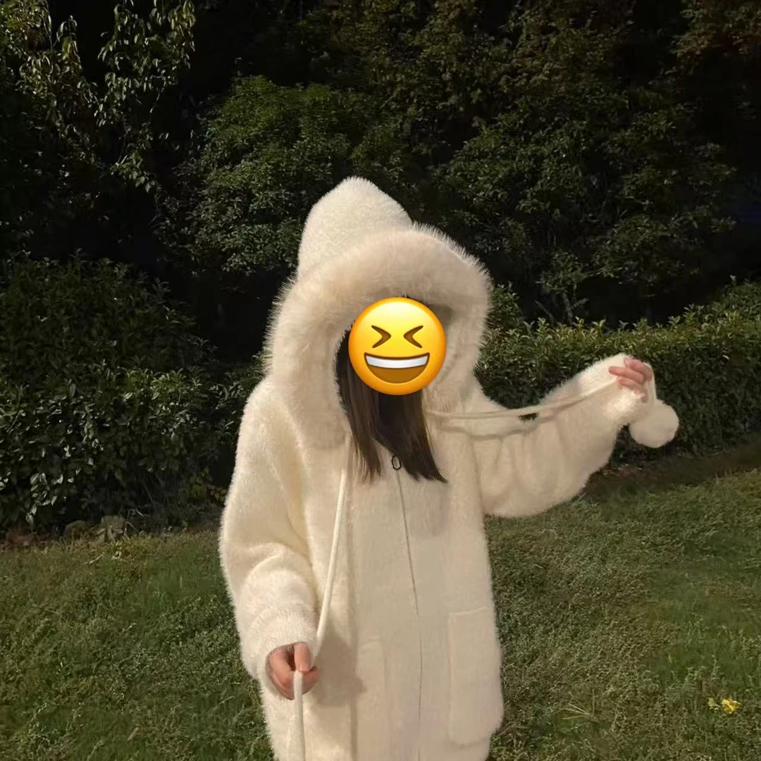 【工厂直发】粉色毛领软糯不起球连帽外套女秋冬宽松慵懒韩版毛衣