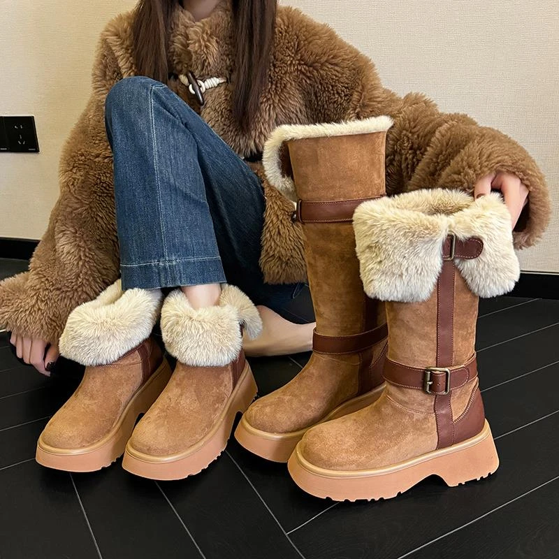 鹿皮绒厚底雪地靴女2025新款冬季加绒加厚高筒靴小个子增高翻折靴