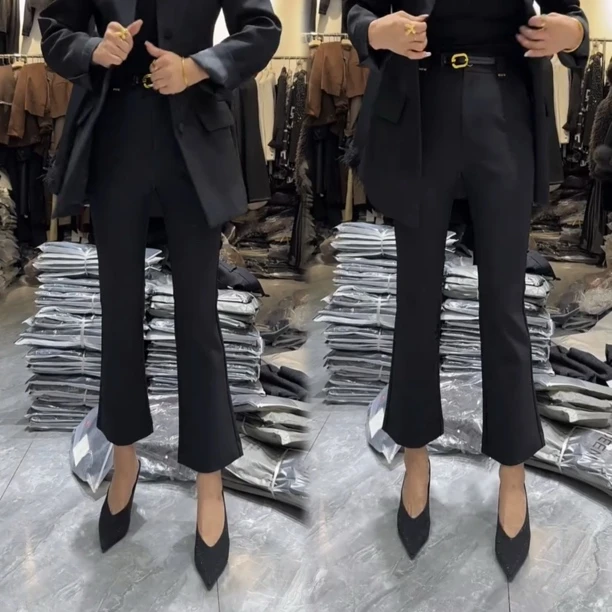 欧货微喇叭裤女春季新款气质高腰时尚显瘦百搭小黑裤西裤九分裤潮