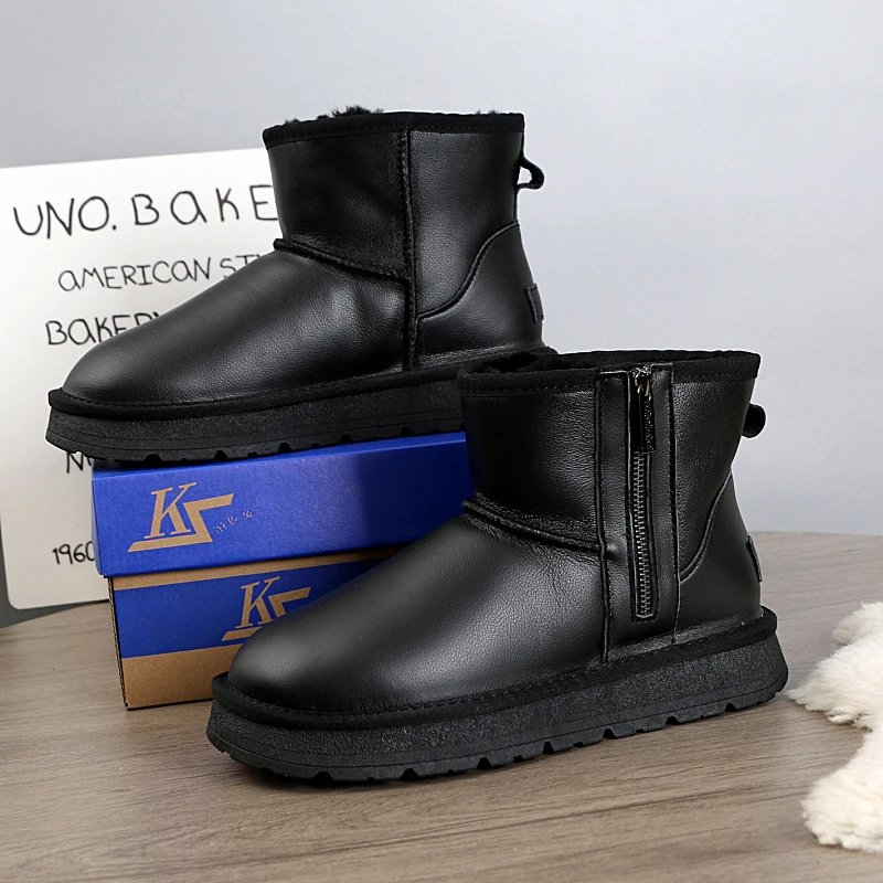 5854-1全羊毛内里侧拉链真皮雪地靴男款冬季皮面防水防滑东北棉鞋