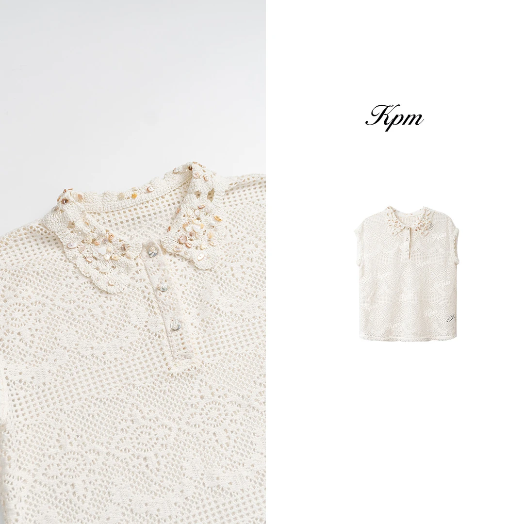 2025夏季新品设计感简约优雅白色镂空翻领拼蕾丝无袖上衣女JN7787