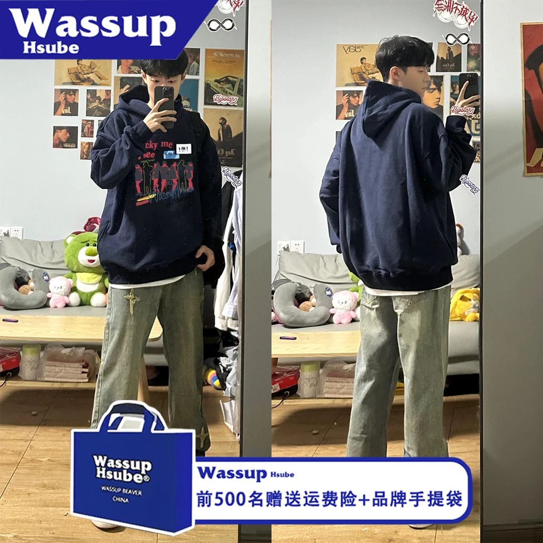 WASSUP HSUBE休闲秋冬艺术印花长袖字母卫衣宽松美式人影情侣上衣