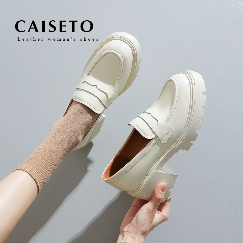 CAISETO厚底乐福鞋女春一脚蹬女鞋复古英伦风单鞋百搭小皮鞋D96