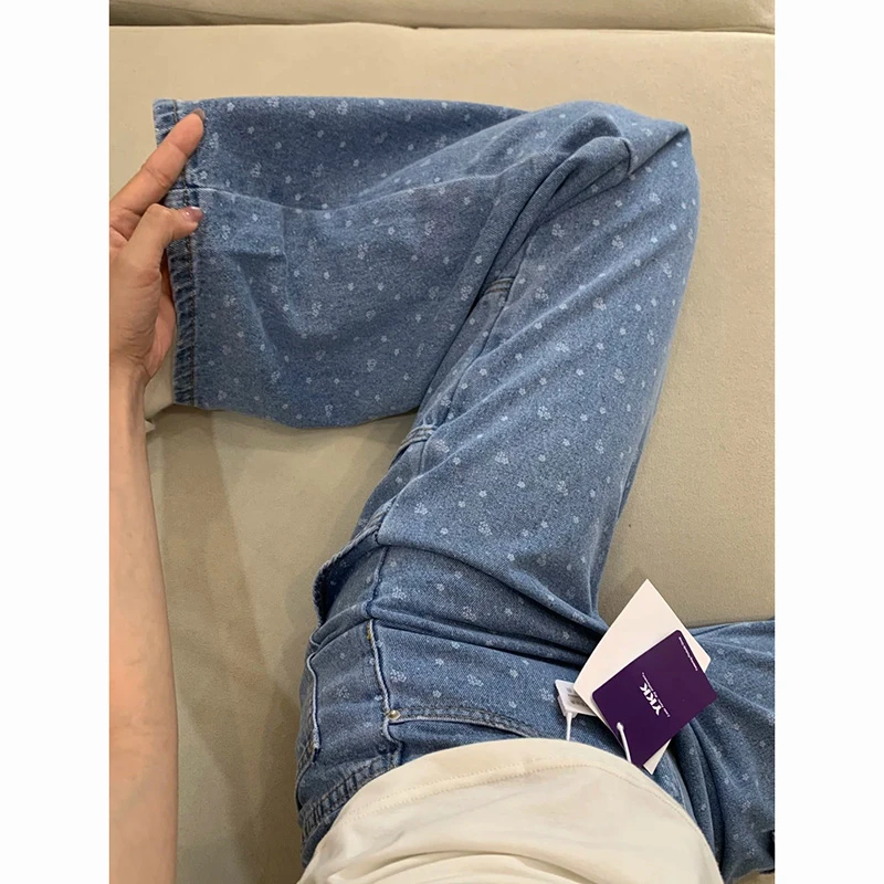 蓝色印花波点工装牛仔裤女2025夏季新款设计感高腰宽松显瘦阔腿裤