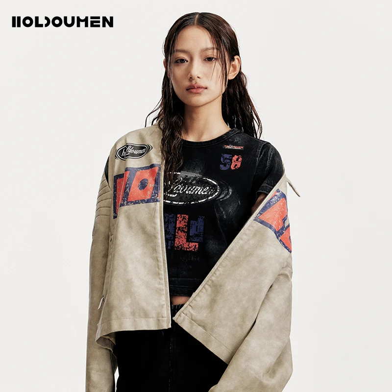 Holdoumen25春夏买手系列水洗做旧机车PU皮衣