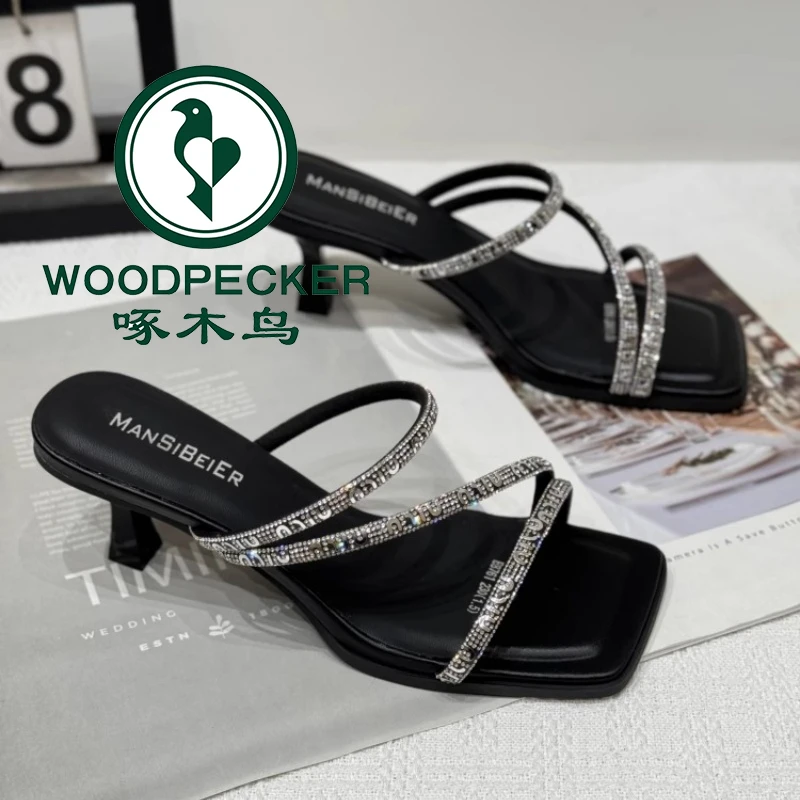 啄木鸟气质轻奢高级感水钻细跟凉拖鞋女2025新款夏高跟外穿一字拖