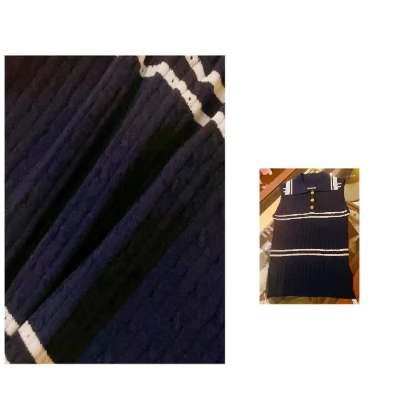 设计师款气质百搭翻领金线刺绣条纹无袖针织背心女