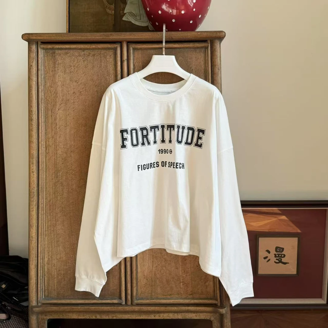 MYL2025年春季新款纯棉白色T恤字母落肩袖休闲百搭T恤上衣