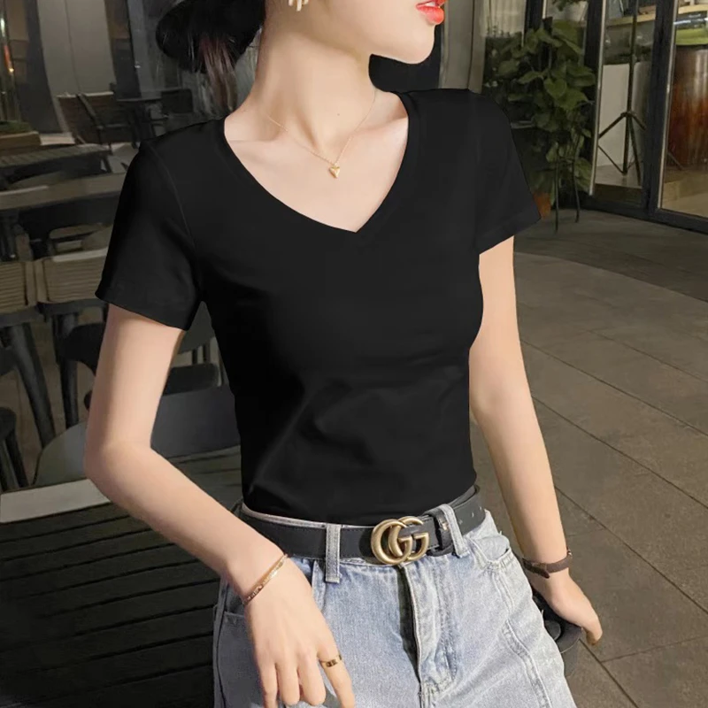 修身V领棉款短袖T恤女夏欧货2025新款黑色高级感时尚洋气时髦体恤