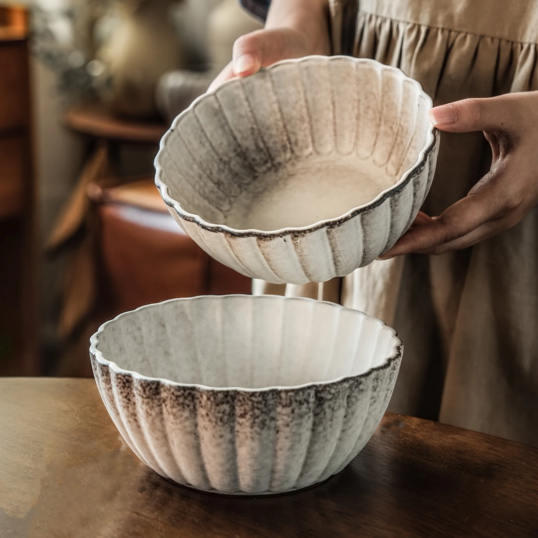 沙拉碗哑光花边碗家用日式餐具陶瓷碗复古风汤碗面碗水果碗甜品碗