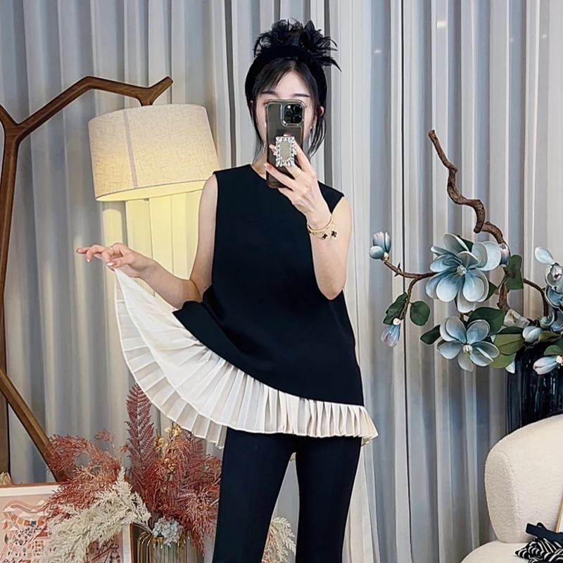首秀【女神系列】2025夏季拼接百褶显瘦背心时尚休闲无袖女上衣1822