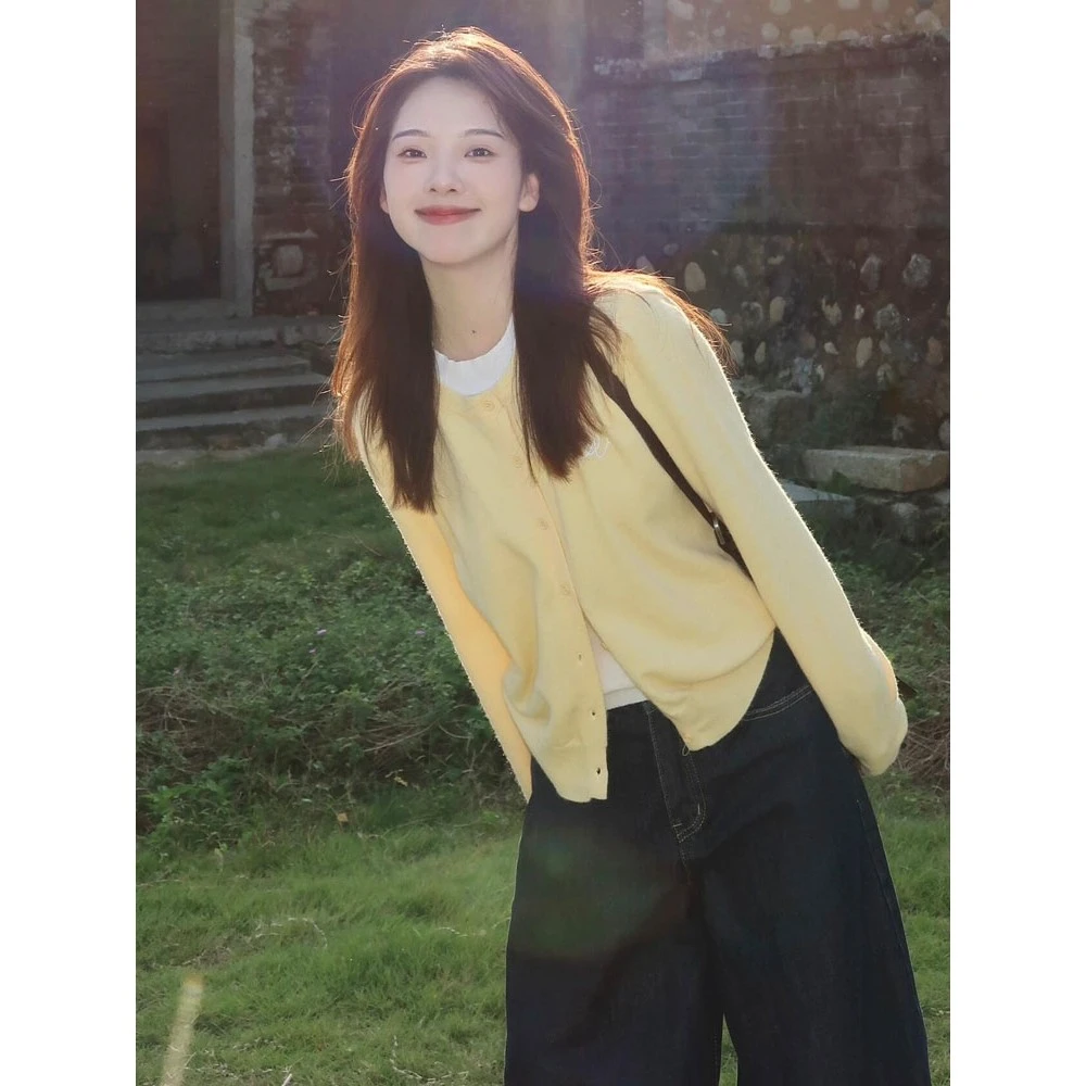 假两件套黄色针织女式开衫2025春秋季新款小慵懒风格毛衣夹克短上