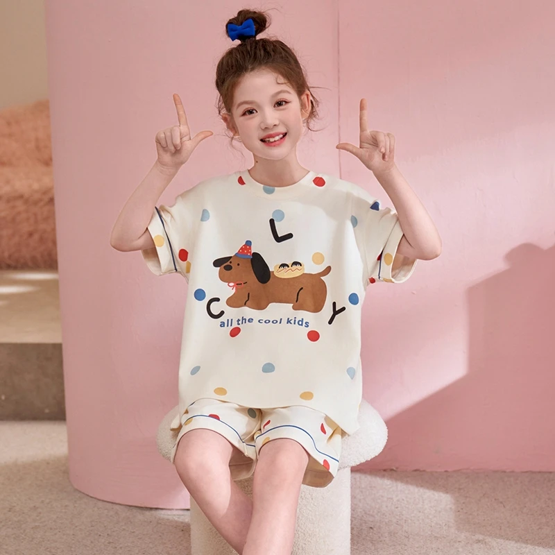儿童睡衣夏季女孩纯棉薄款短袖韩版大码中大童女童学生家居服套装
